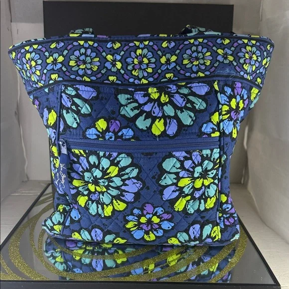 Vera Bradley Navy Quilted Tote with Teal, Lime & Purple Floral Medallions - Picture 1 of 12